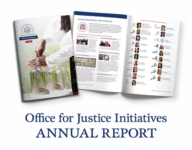 Display of the Office for Justice Initiatives Annual Report, showing the cover with a person placing soil into jars and two open interior pages with text, small photos, and regional headshots.