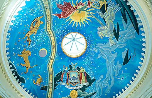 Photo of a ceiling mural with the State of New York Seal
