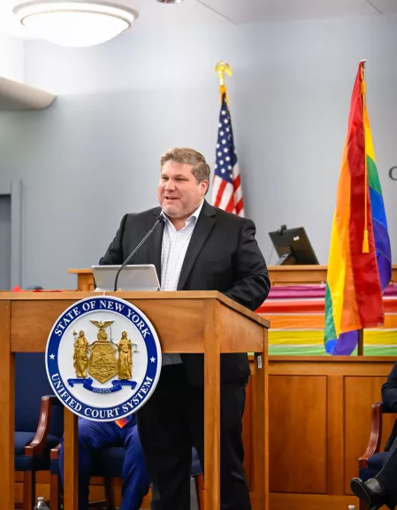 Keynote speaker and honoree Omar Gonzalez-Pagan, Esq. delivers a moving keynote address on the state of LGBTQ+ law and legislation 