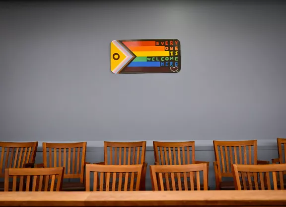 The Ceremonial Courtroom of the John P. Cohalan Jr. Courthouse decorated for the 2026 Pride Celebration 