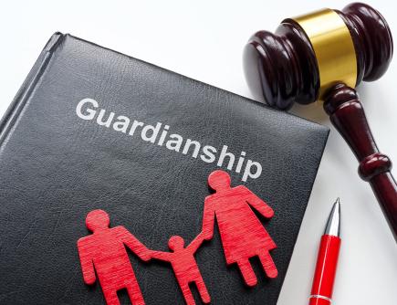 small book with word guardianship next to a gavel and pen